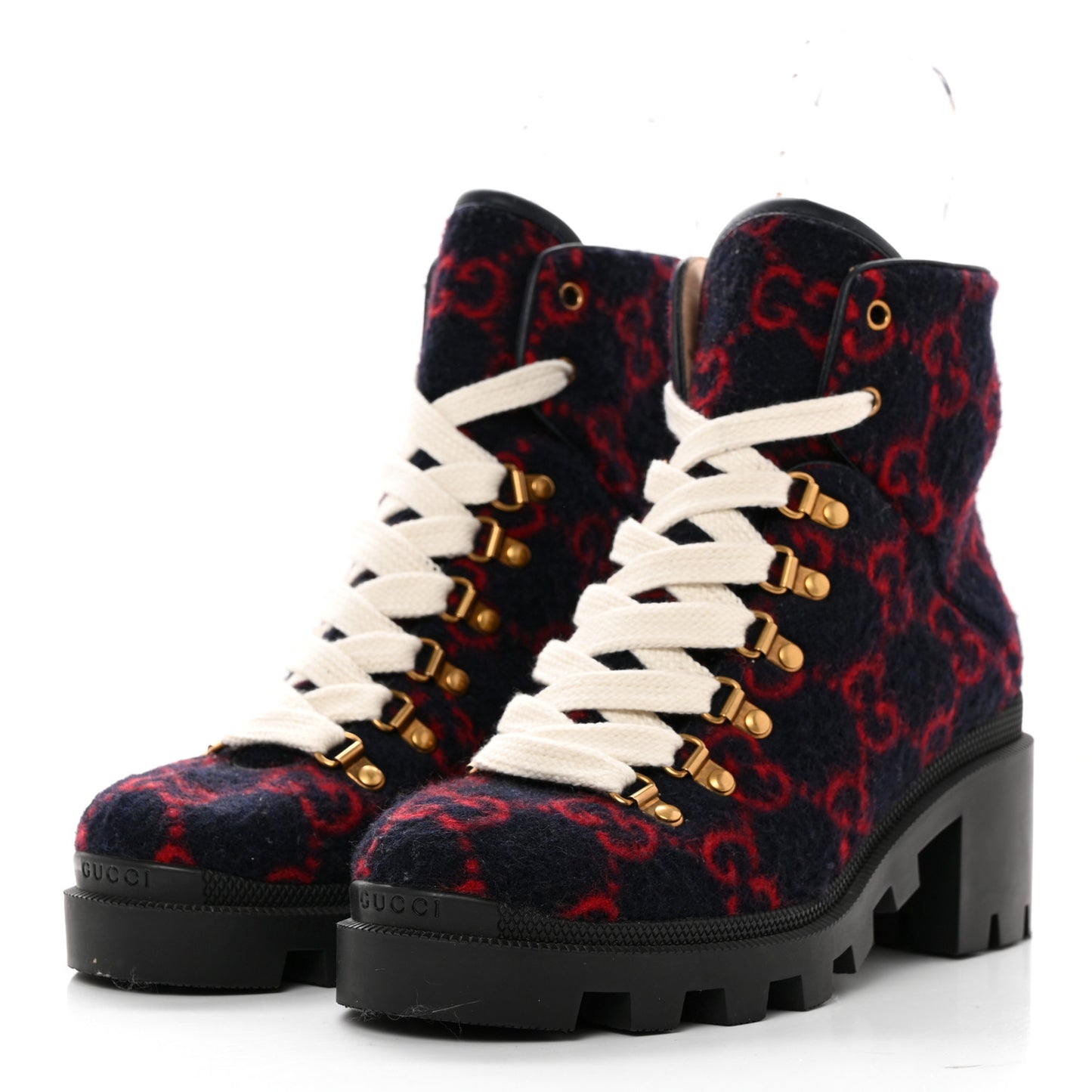 Covered Wool Big GG Monogram Womens Lace Up Combat Ankle Boots 38.5 Blue Red