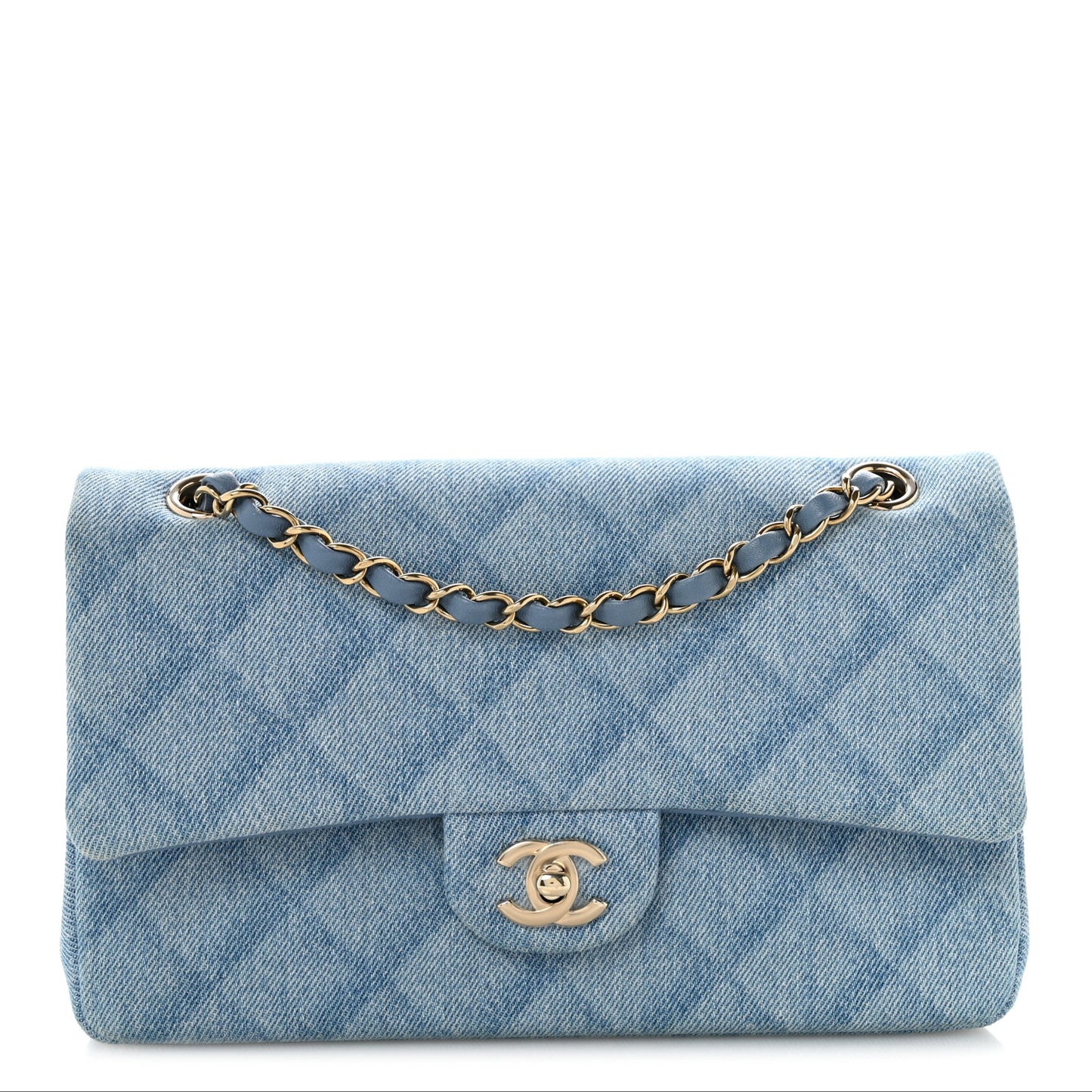 Printed Denim Quilted Medium Double Flap Light Blue