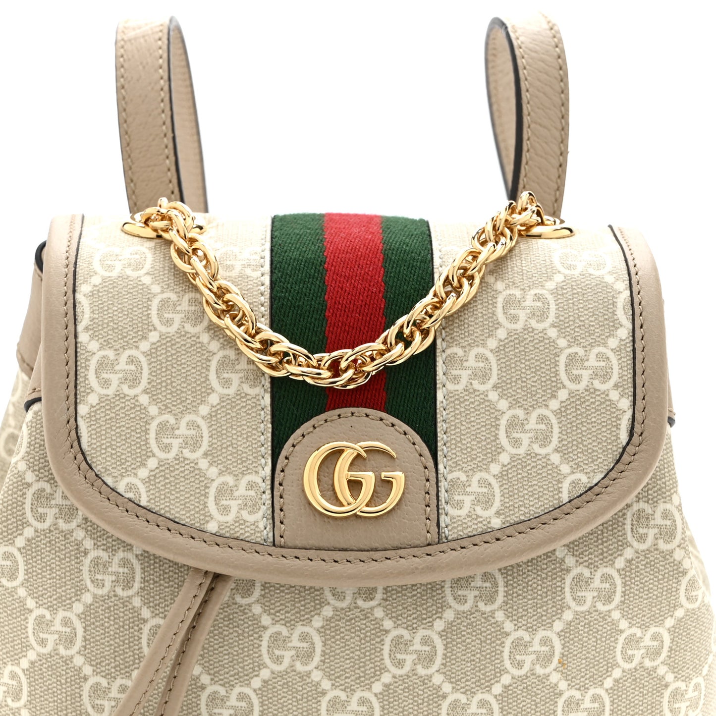 GG Supreme Monogram Textured Dollar Calfskin Web Mini Chain Drawstring Backpack Beige Mystic White Oatmeal
