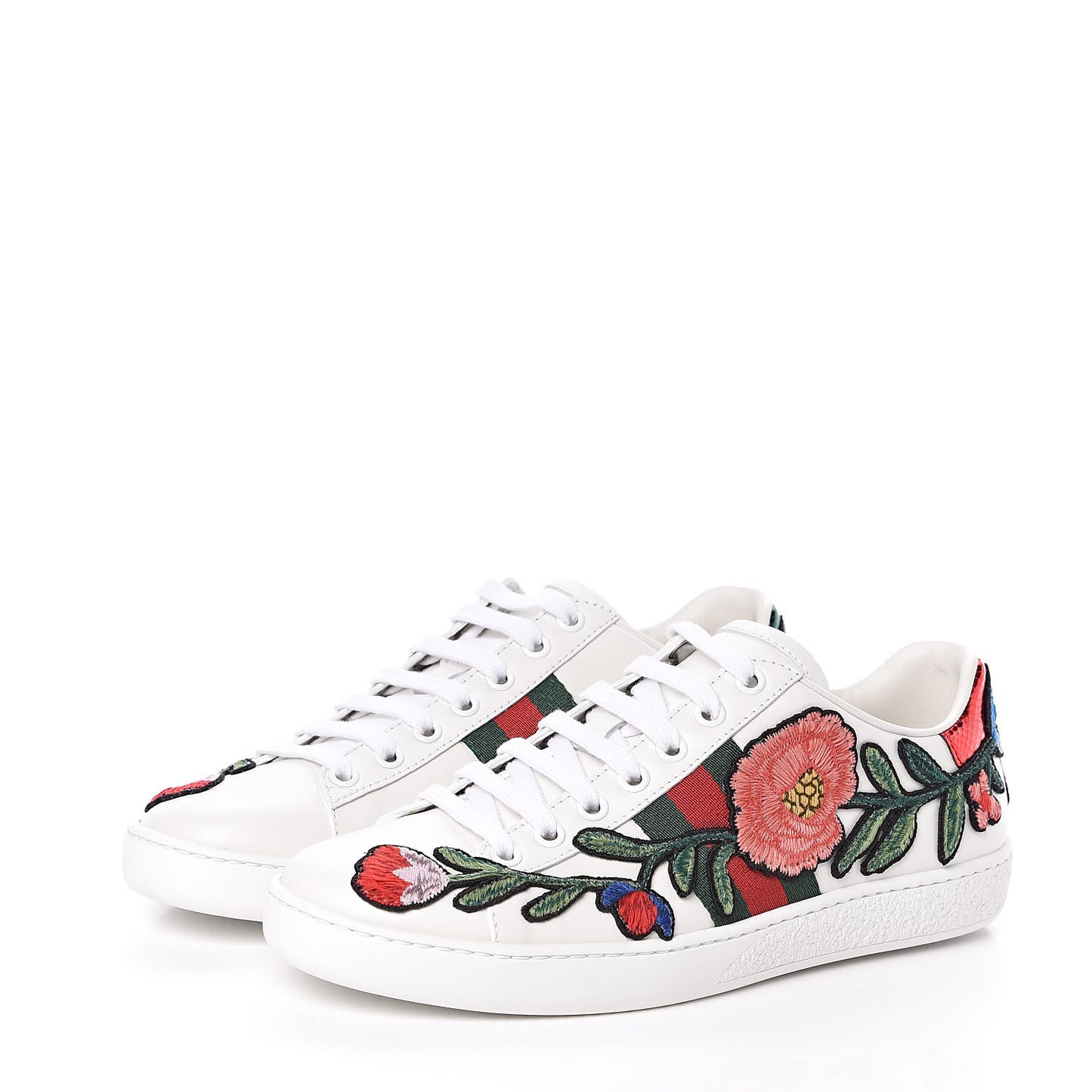 Calfskin Web Floral Embroidered Womens Ace Sneakers 35.5 White