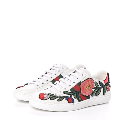Gucci Calfskin Web Floral Embroidered Womens Ace Sneakers 35.5 White 3 of 9