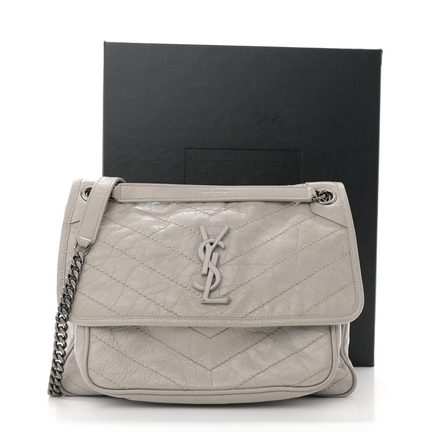 Saint Laurent Crinkled Calfskin Matelasse Monogram Medium Niki Chain Satchel Granite 14 of 14