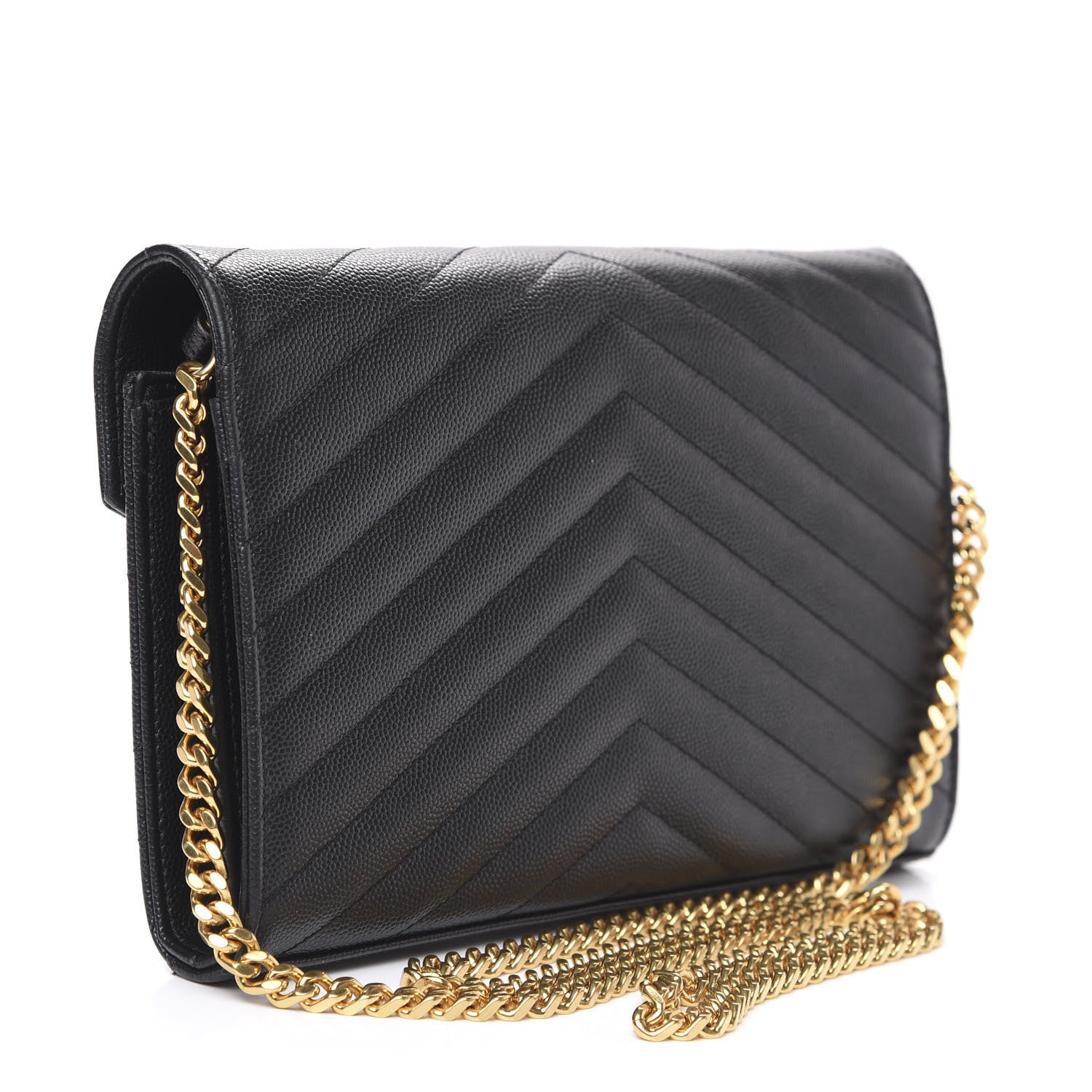 Saint Laurent Grain De Poudre Matelasse Chevron Monogram Chain Wallet Black 2 of 9