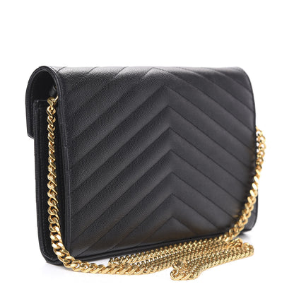 Saint Laurent Grain De Poudre Matelasse Chevron Monogram Chain Wallet Black 2 of 9