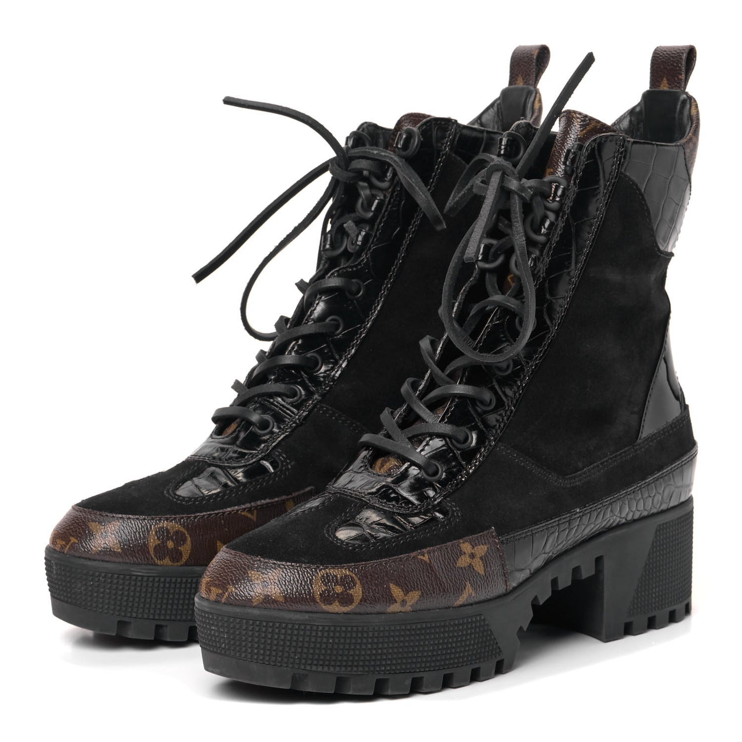 Suede Calfskin Crocodile Embossed Patent Monogram Laureate Platform Desert Boots 40 Black