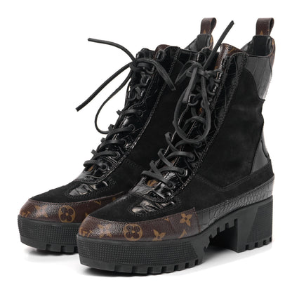 Louis Vuitton Suede Calfskin Crocodile Embossed Patent Monogram Laureate Platform Desert Boots 40 Black 4 of 18
