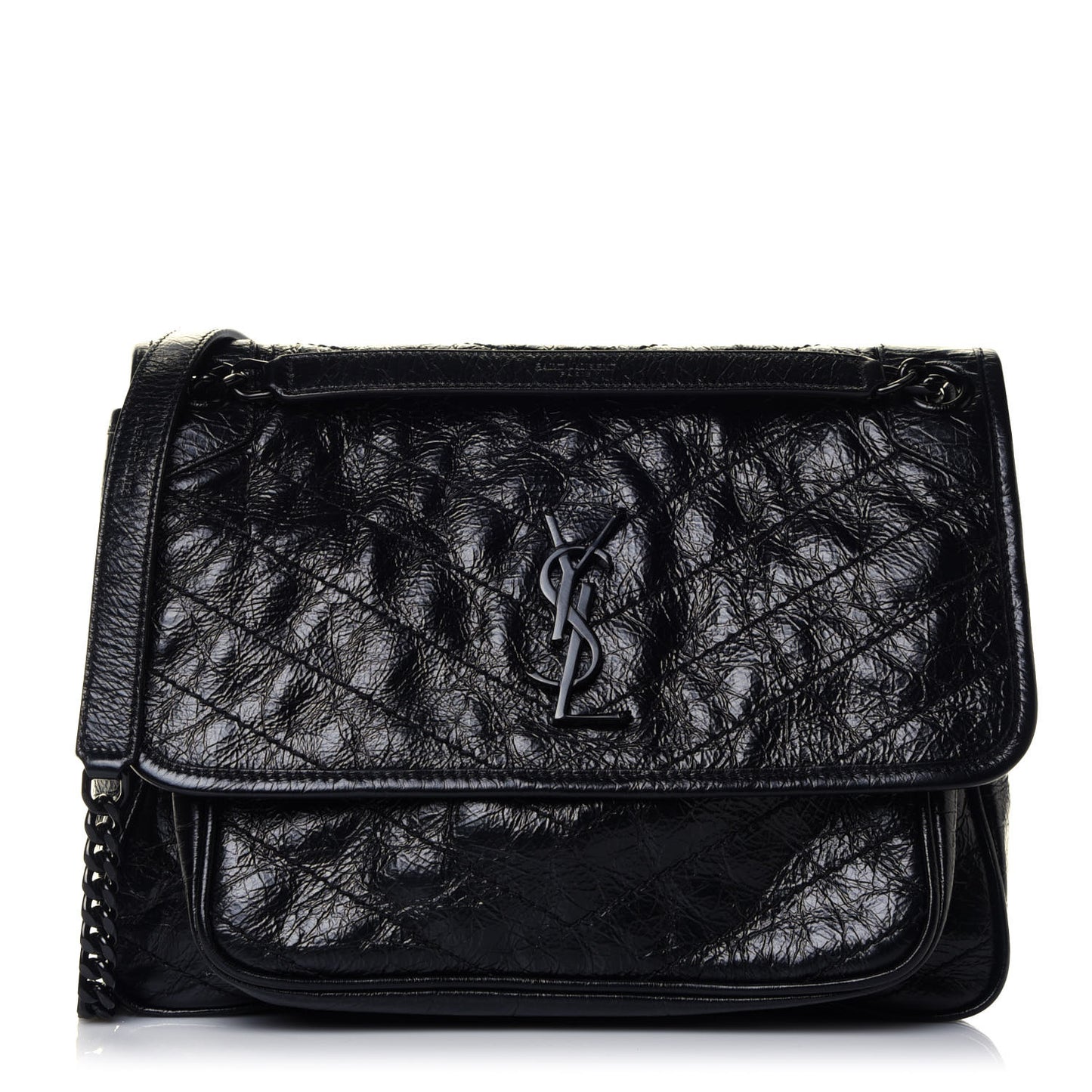 Crinkled Calfskin Matelasse Monogram Medium Niki Chain Satchel Black