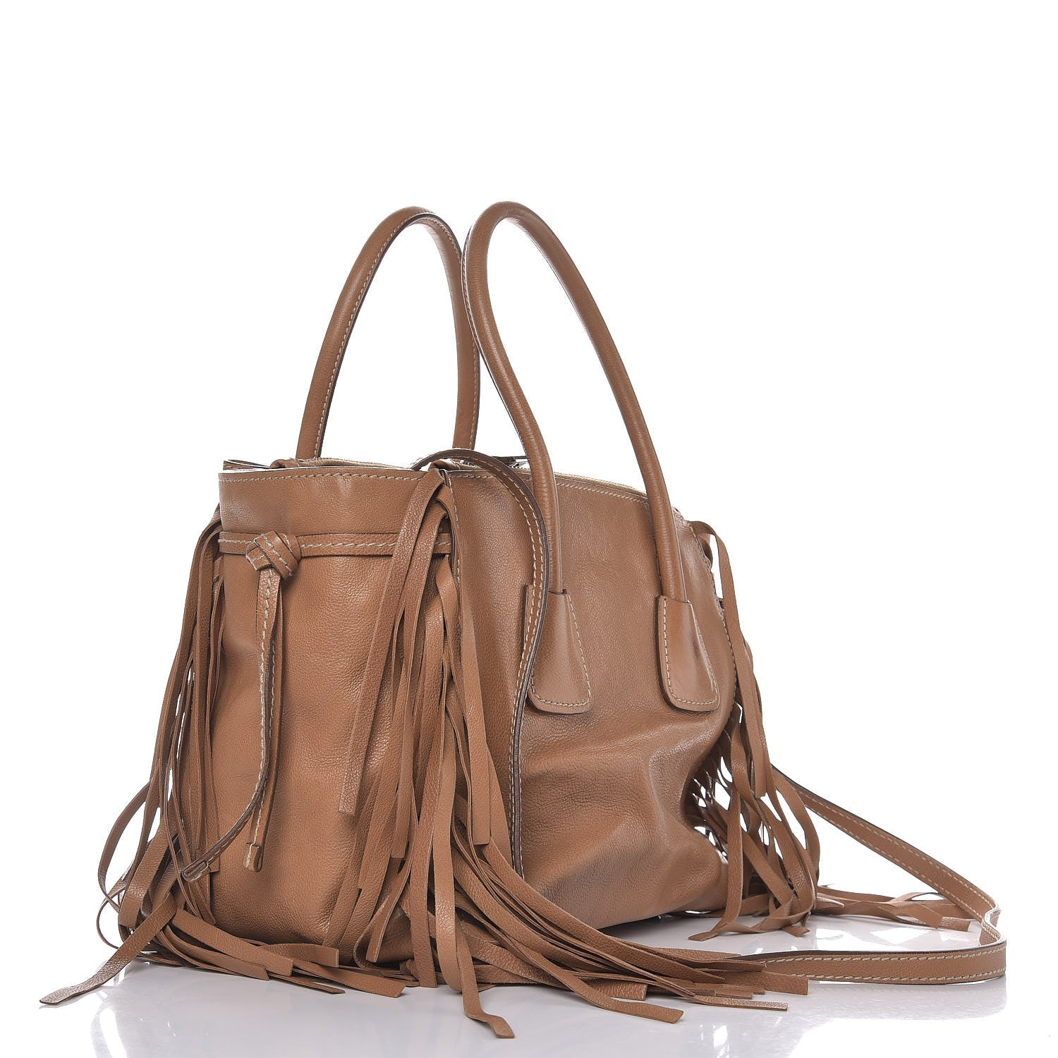 Prada Glace Calf Twin Pocket Fringe Tote Caramel 3 of 9