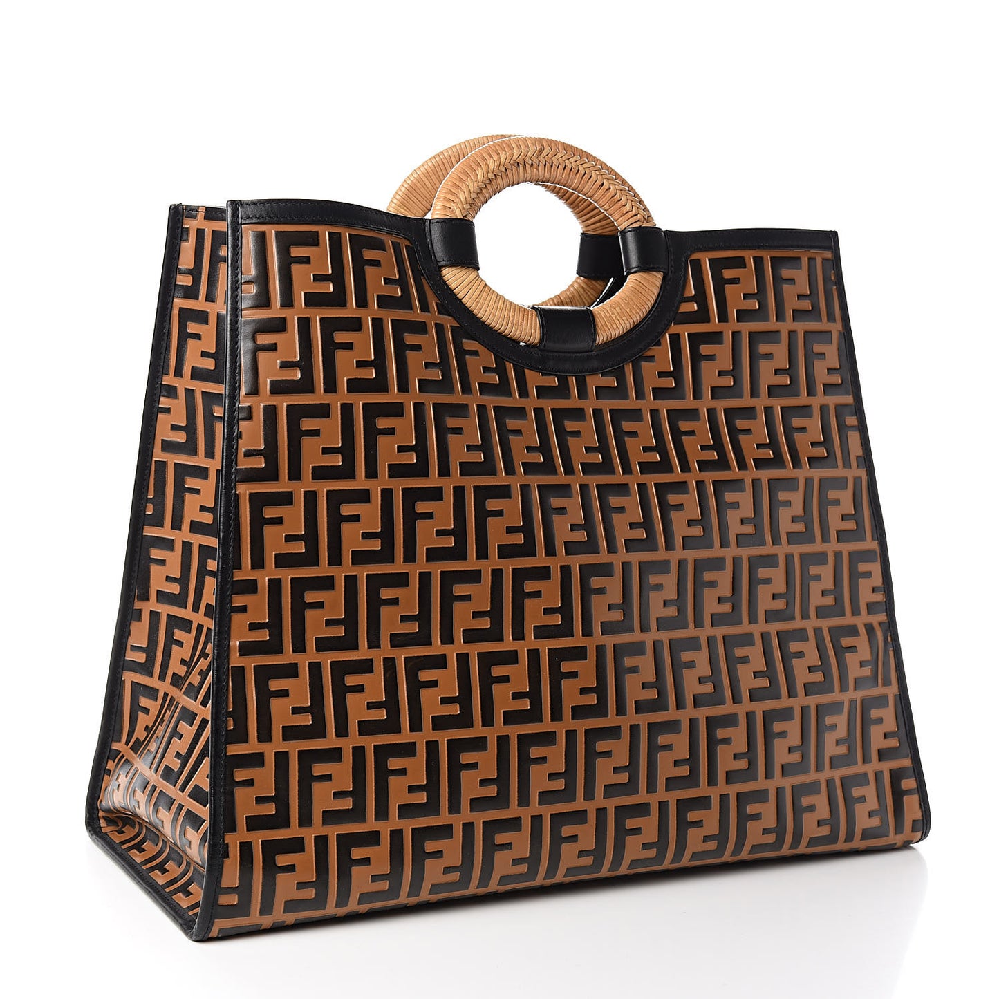 Vitello Century Wicker FF Embossed Large Runaway Shopper Tote Tobacco Black