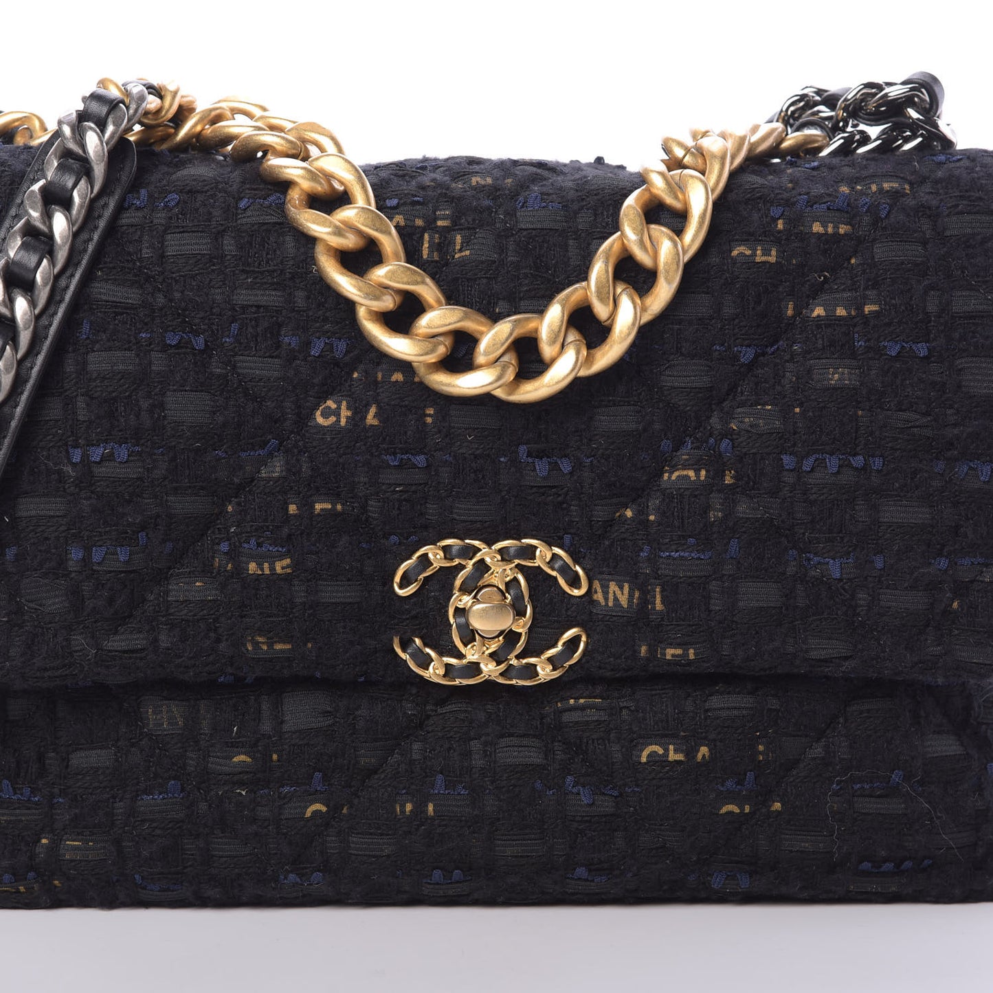 Tweed Quilted Large Chanel 19 Flap Black Navy Gold