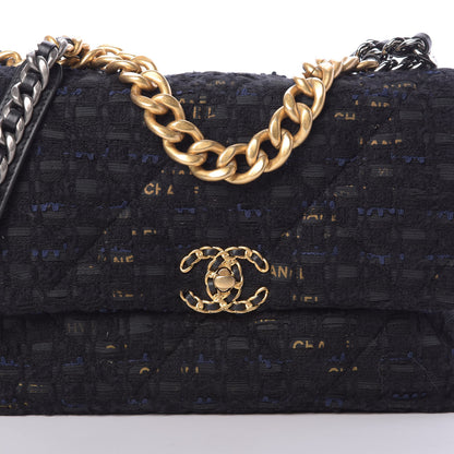 Chanel Tweed Quilted Large Chanel 19 Flap Black Navy Gold 8 of 11
