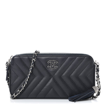 Chanel Calfskin Chevron Quilted Tassel Clutch With Chain Navy 1 of 10