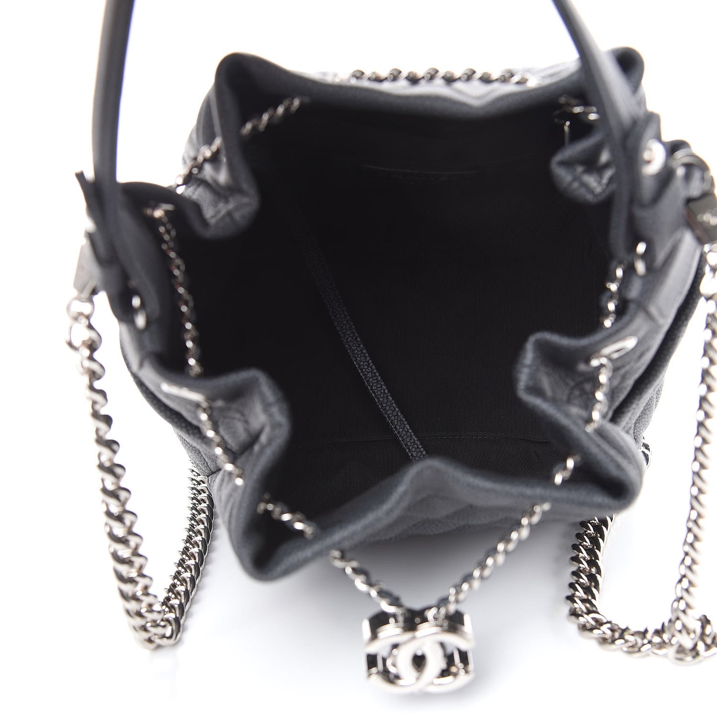 Caviar Flat Quilted CC Chain Bucket Drawstring Bag Black