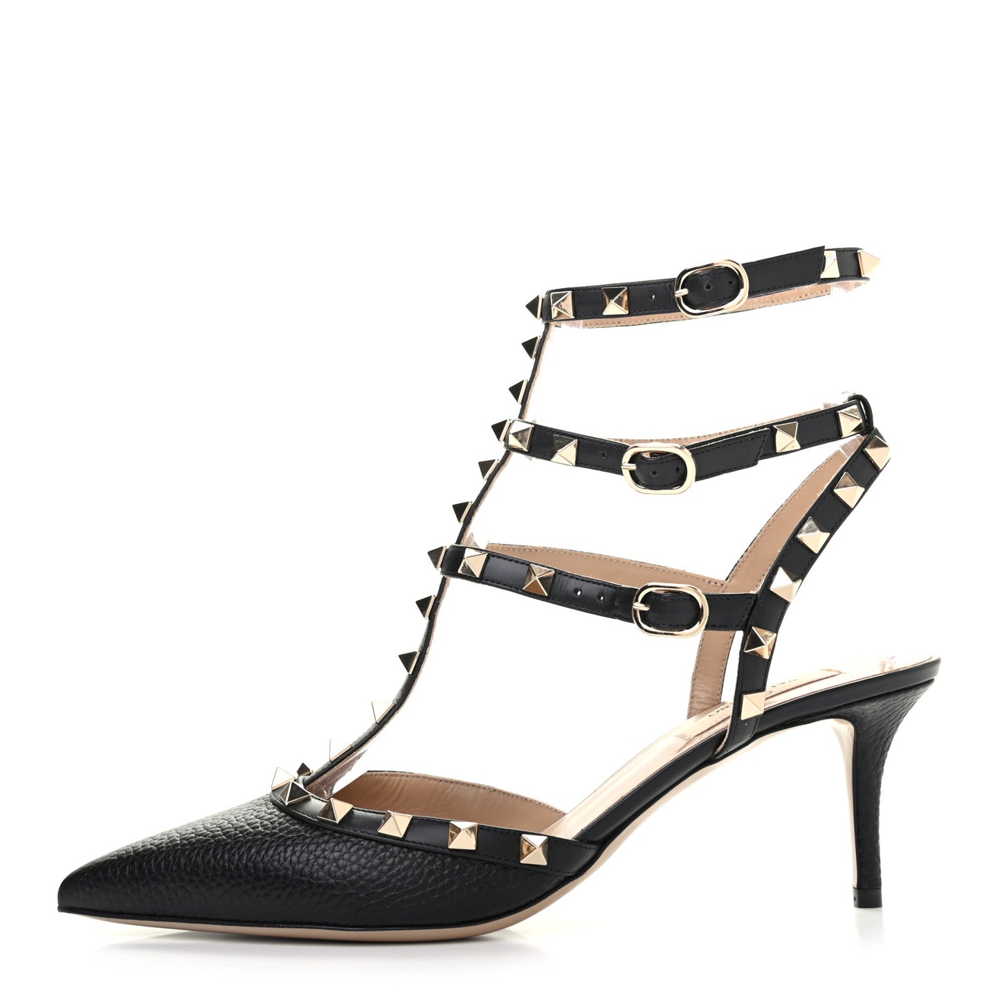 Pebbled Calfskin Rockstud Ankle Strap Low Heel Pumps 40 Black