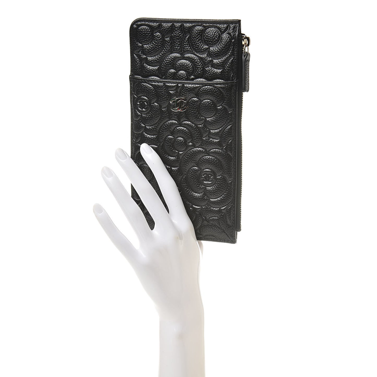Caviar Camellia Embossed Classic Flat Wallet Pouch Black