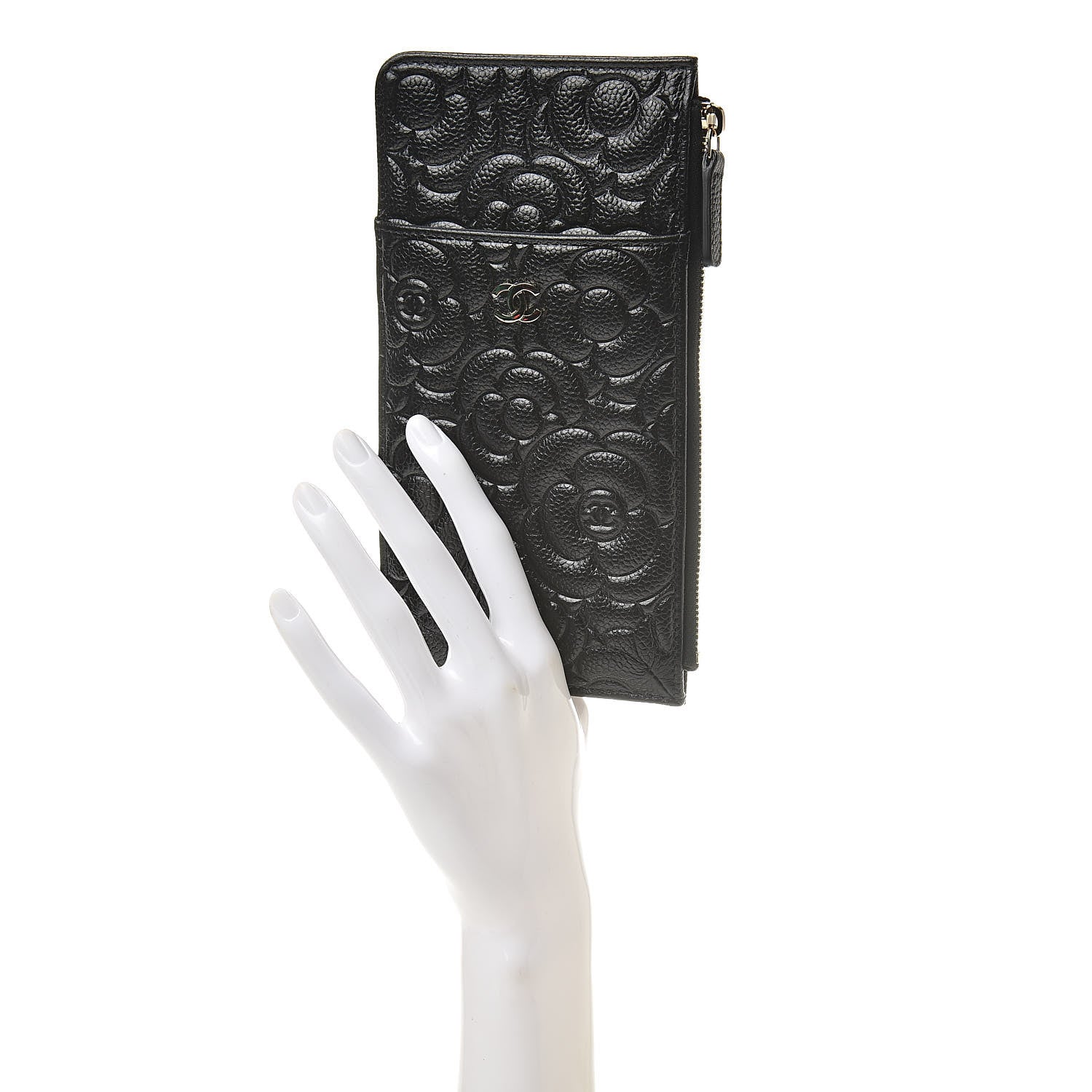 Chanel Caviar Camellia Embossed Classic Flat Wallet Pouch Black 2 of 8