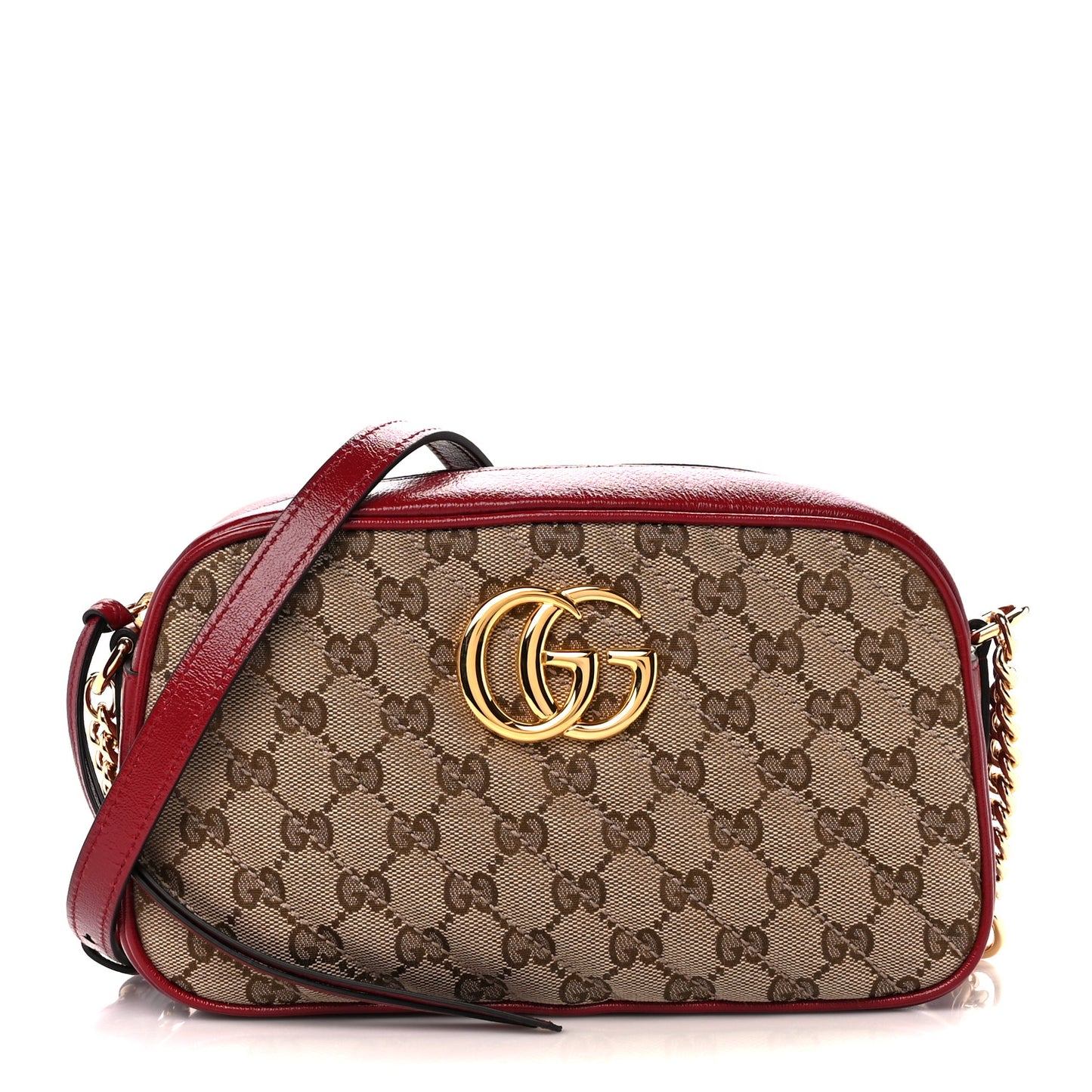 Monogram Azalea Calfskin Matelasse Diagonal Small GG Marmont Chain Shoulder Bag Beige Ebony New Cherry Red