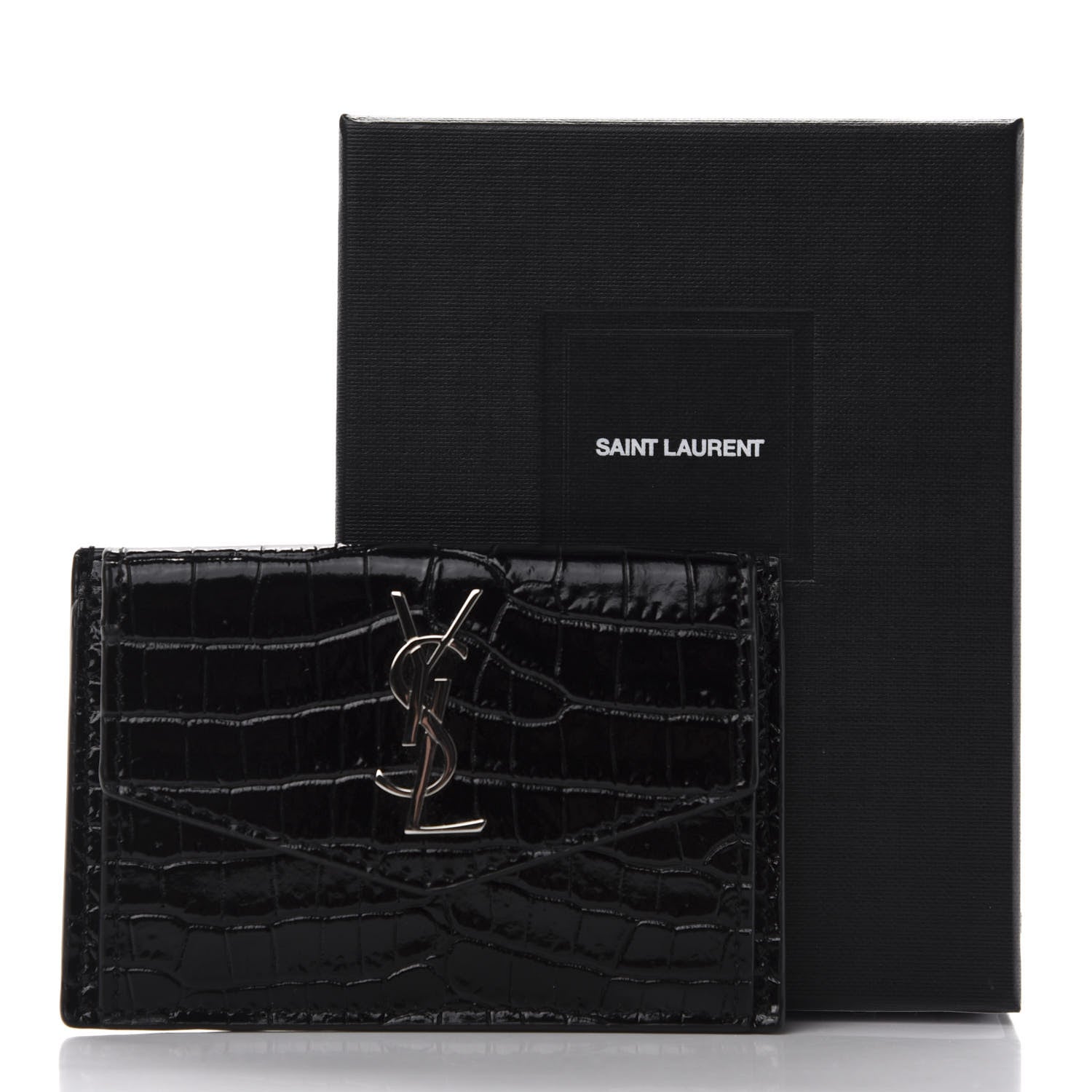 Saint Laurent Calfskin Crocodile Embossed Uptown Monogram Card Case Black 7 of 7