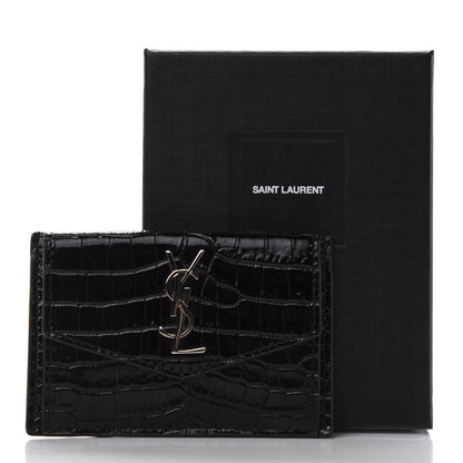 Saint Laurent Calfskin Crocodile Embossed Uptown Monogram Card Case Black 7 of 7