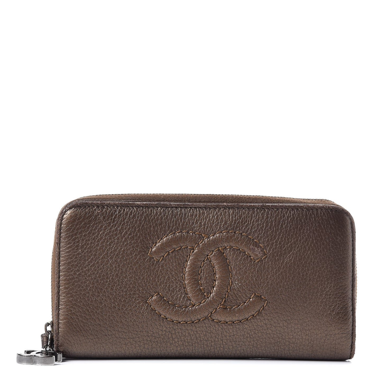 Metallic Calfskin Large Timeless Zip Around Wallet Brown