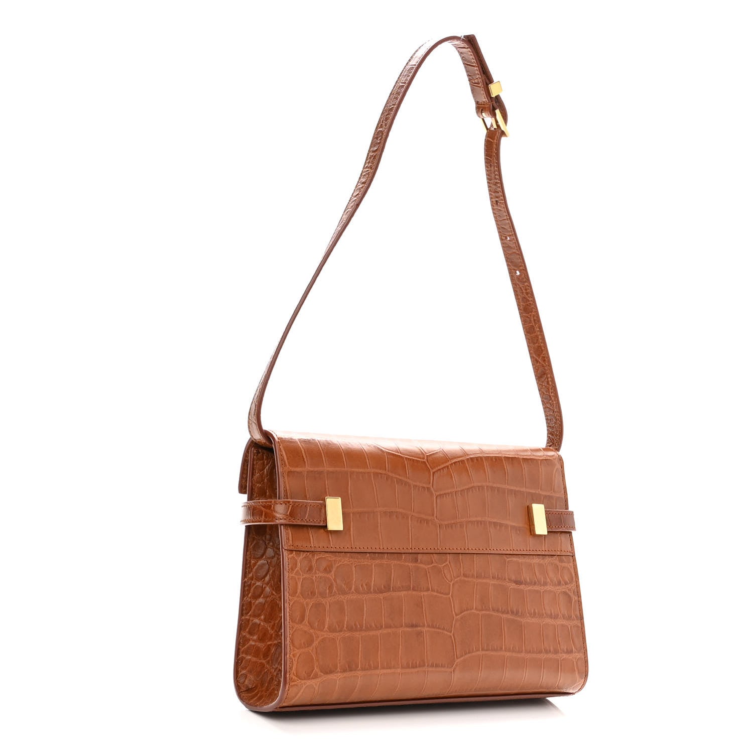 Saint Laurent Shiny Calfskin Crocodile Embossed Small Manhattan Baguette Dark Caramel 2 of 9