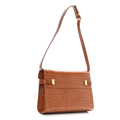 Saint Laurent Shiny Calfskin Crocodile Embossed Small Manhattan Baguette Dark Caramel 2 of 9