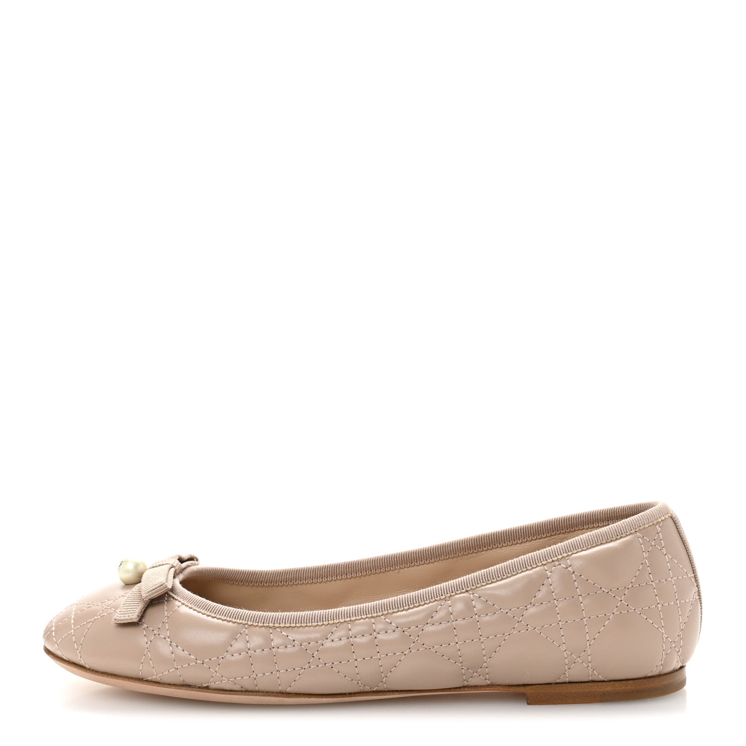 Christian Dior Calfskin Cannage Pearl Bow Ballet Flats 37.5 Nude 1 of 10