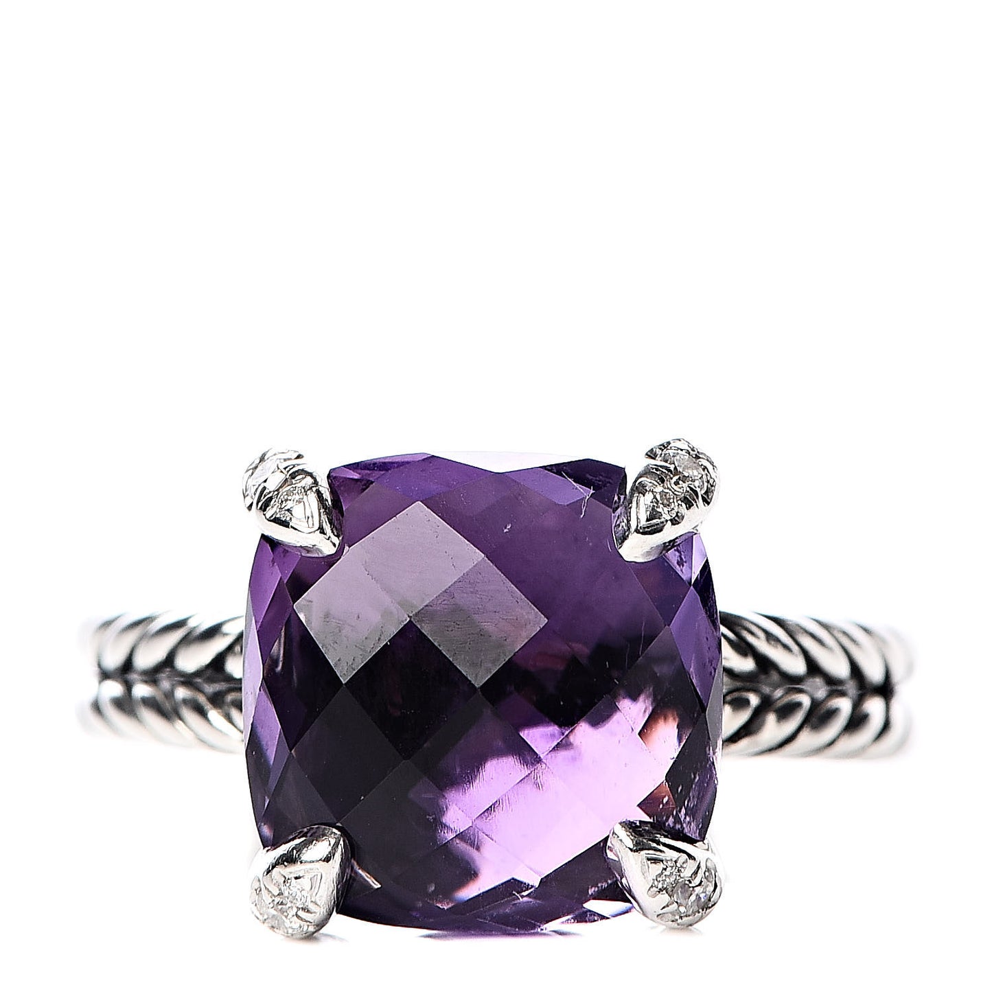 Sterling Silver Diamond Amethyst 11mm Chatelaine Ring 50 5.5
