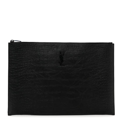 Saint Laurent Calfskin Crocodile Embossed Monogram Document Holder Black 1 of 8