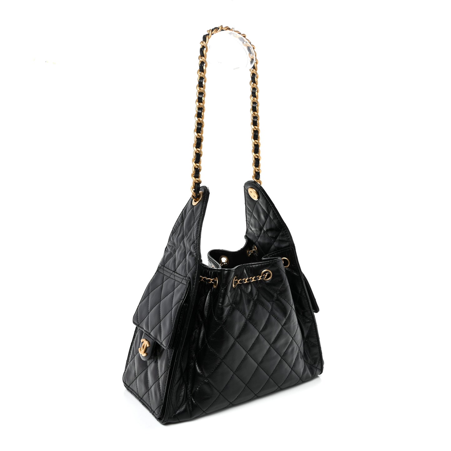 Shiny Crumpled Calfskin Quilted Small Chanel 25 Handbag Black