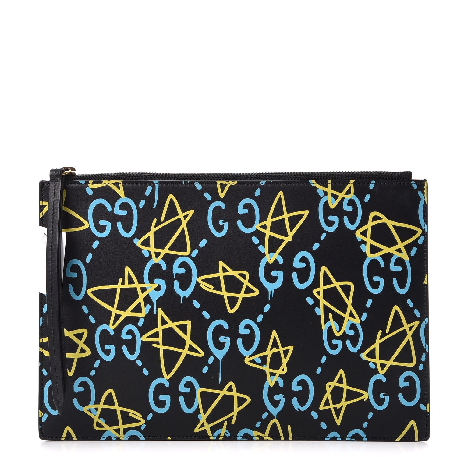 Gucci Calfskin GucciGhost Print Pouch Black New Acquamarine 1 of 8
