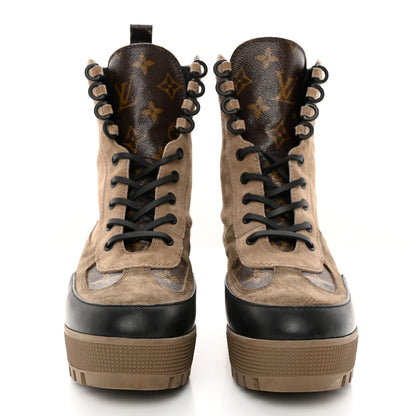 Louis Vuitton Suede Calfskin Monogram Laureate Platform Desert Boots 39.5 Taupe 2 of 16