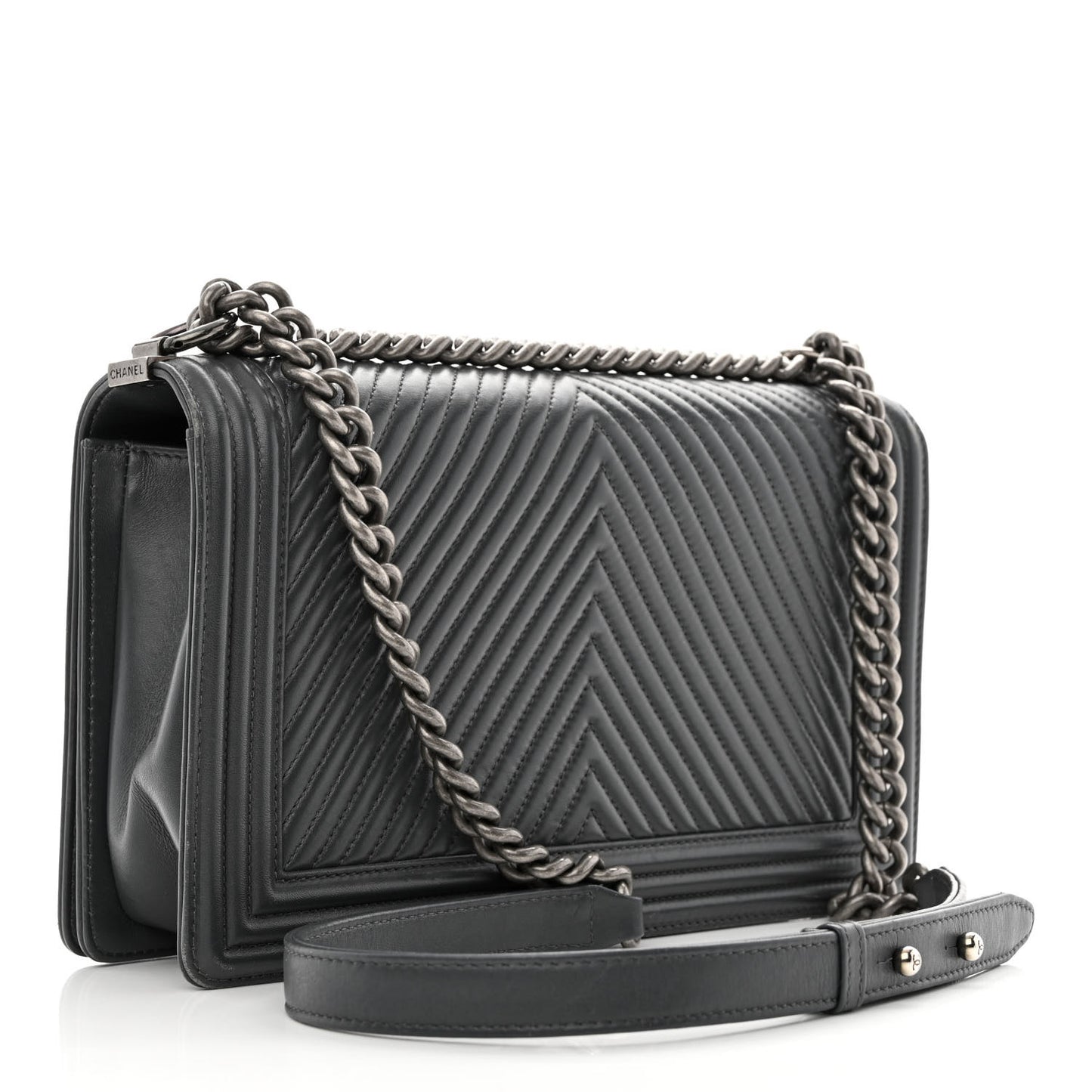 Calfskin Chevron Quilted New Medium Boy Flap Dark Grey