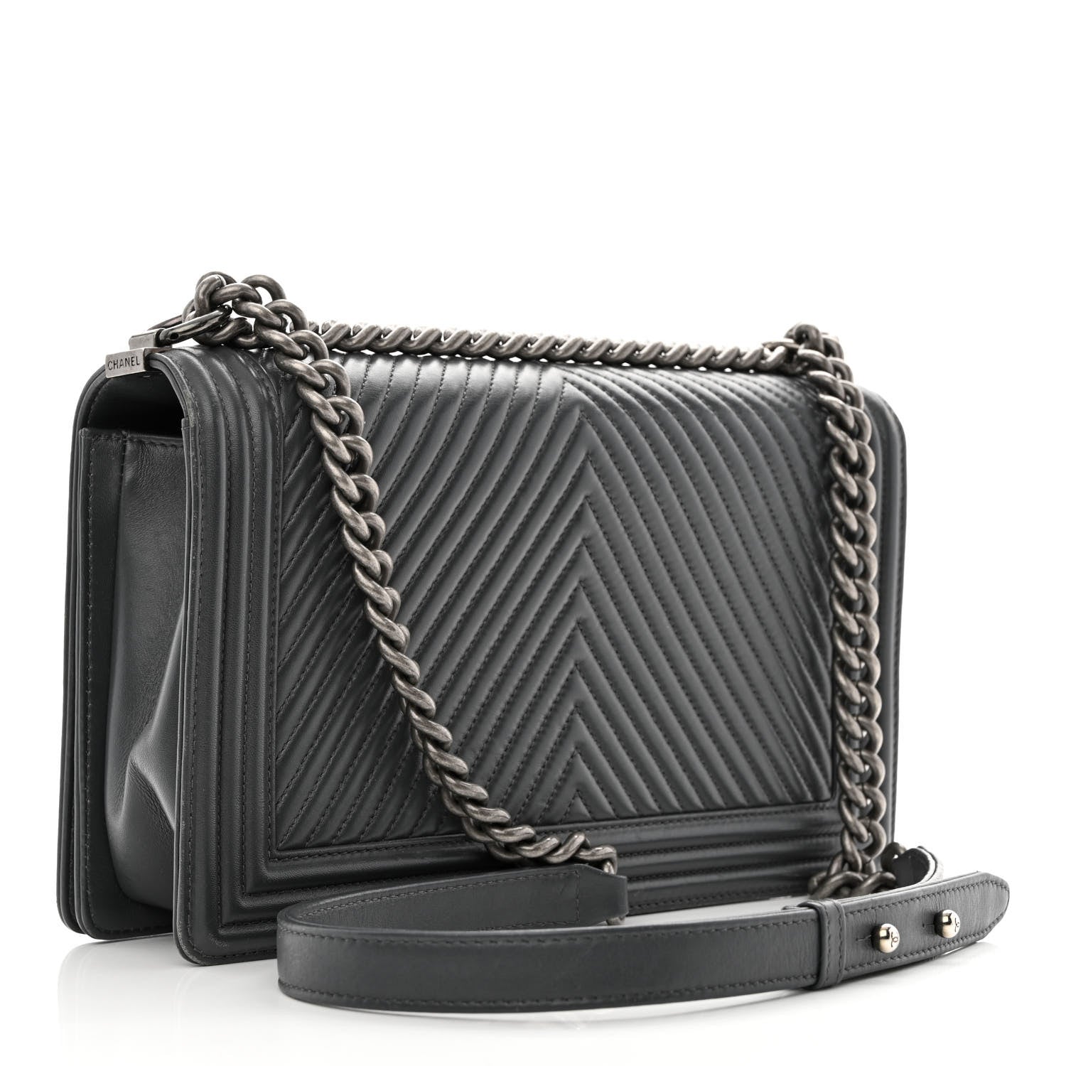 Chanel Calfskin Chevron Quilted New Medium Boy Flap Dark Grey 3 of 15
