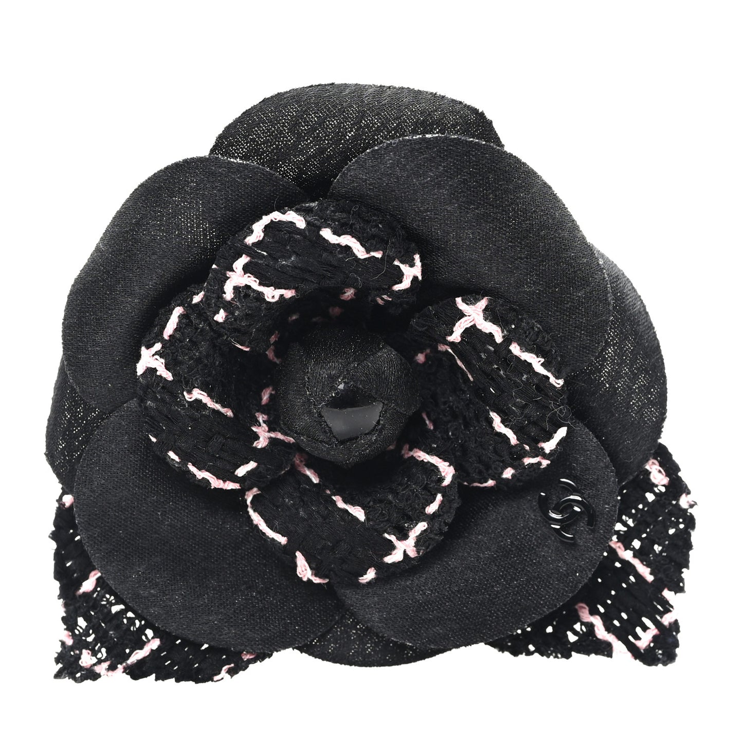 Tweed Camellia Pin Brooch Black Pink