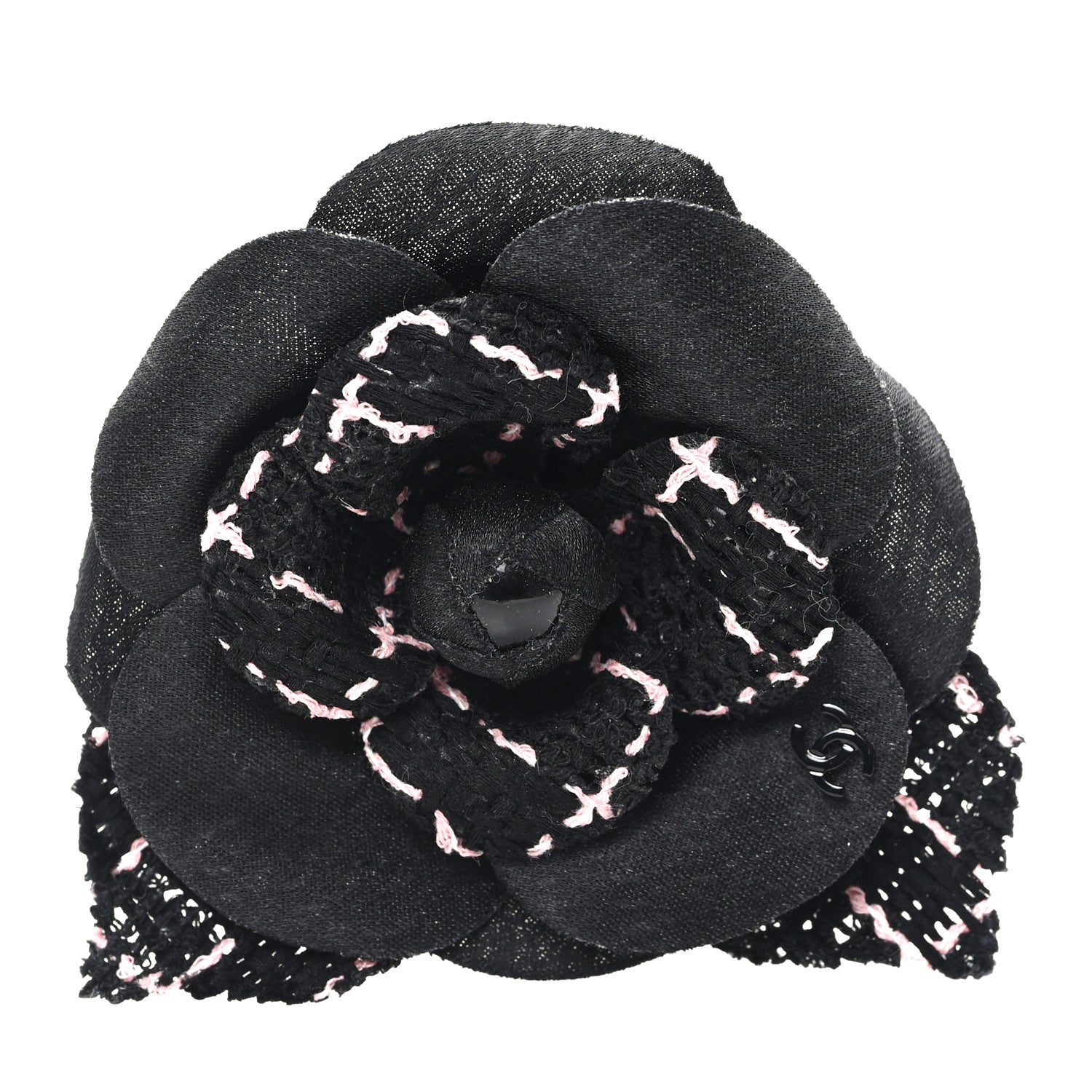 Chanel Tweed Camellia Pin Brooch Black Pink 1 of 3