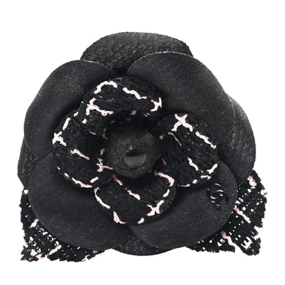 Chanel Tweed Camellia Pin Brooch Black Pink 1 of 3