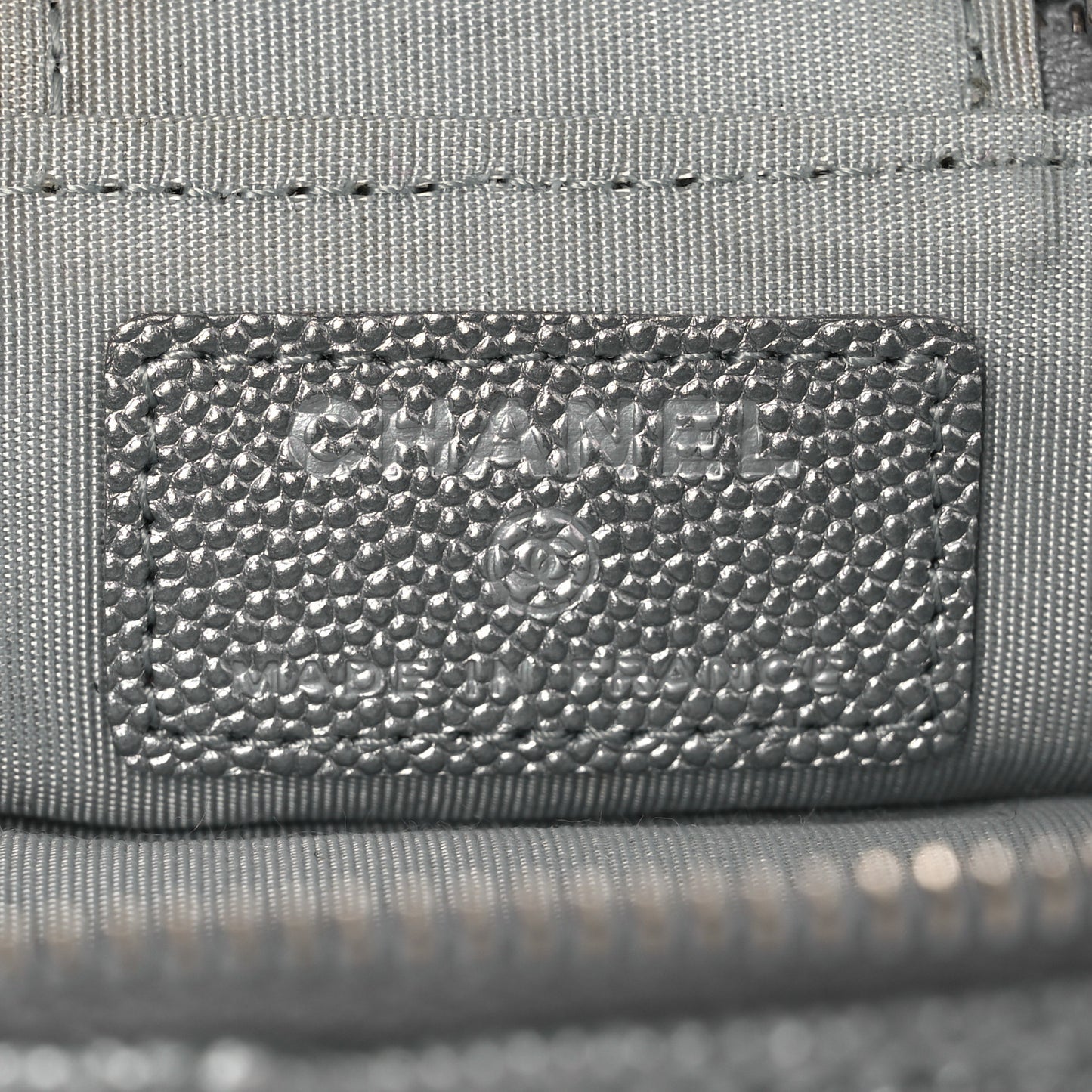 Metallic Caviar Quilted Mini Top Handle Vanity With Chain Silver