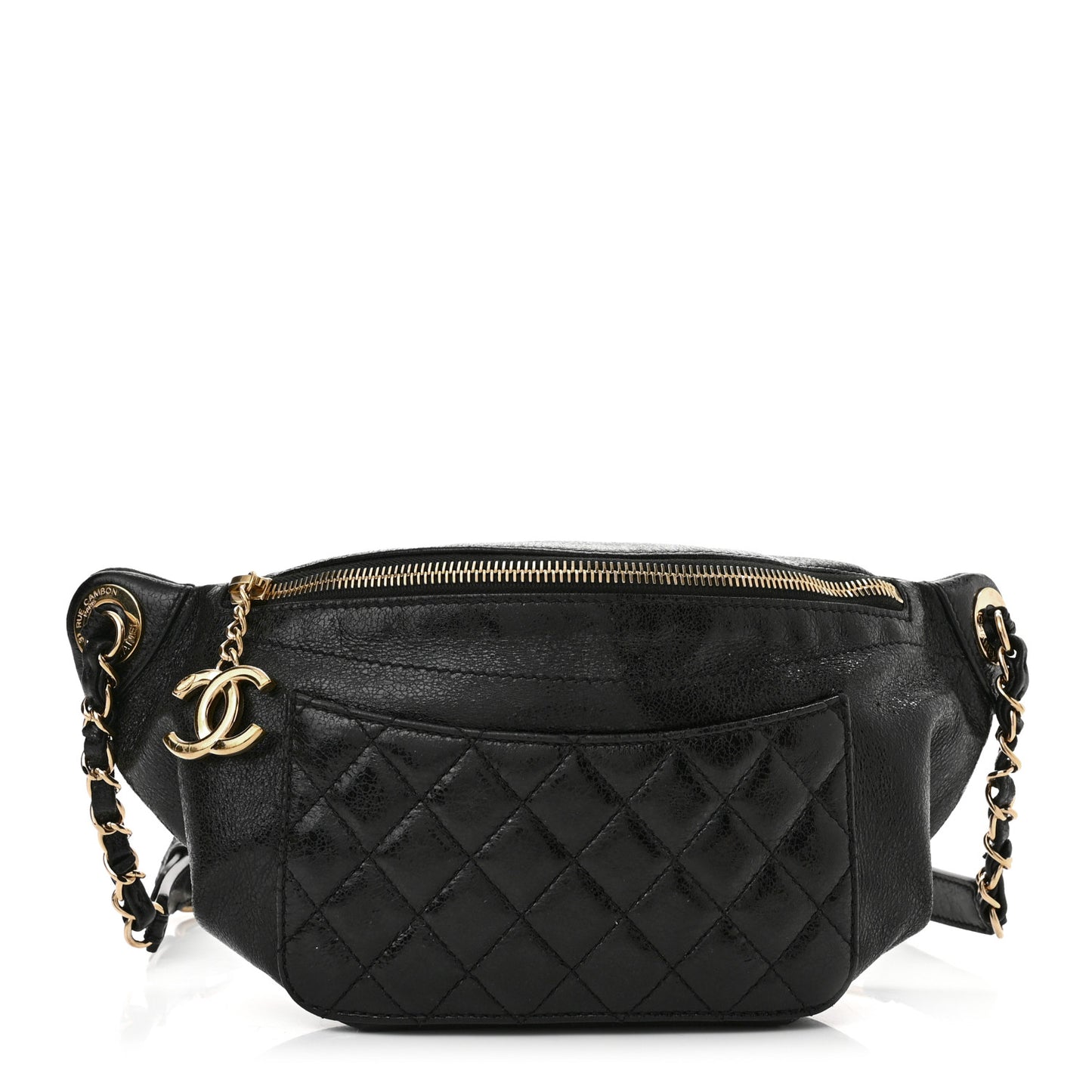 Crumpled Glazed Lambskin Quilted Waist Bag Fanny Pack Black