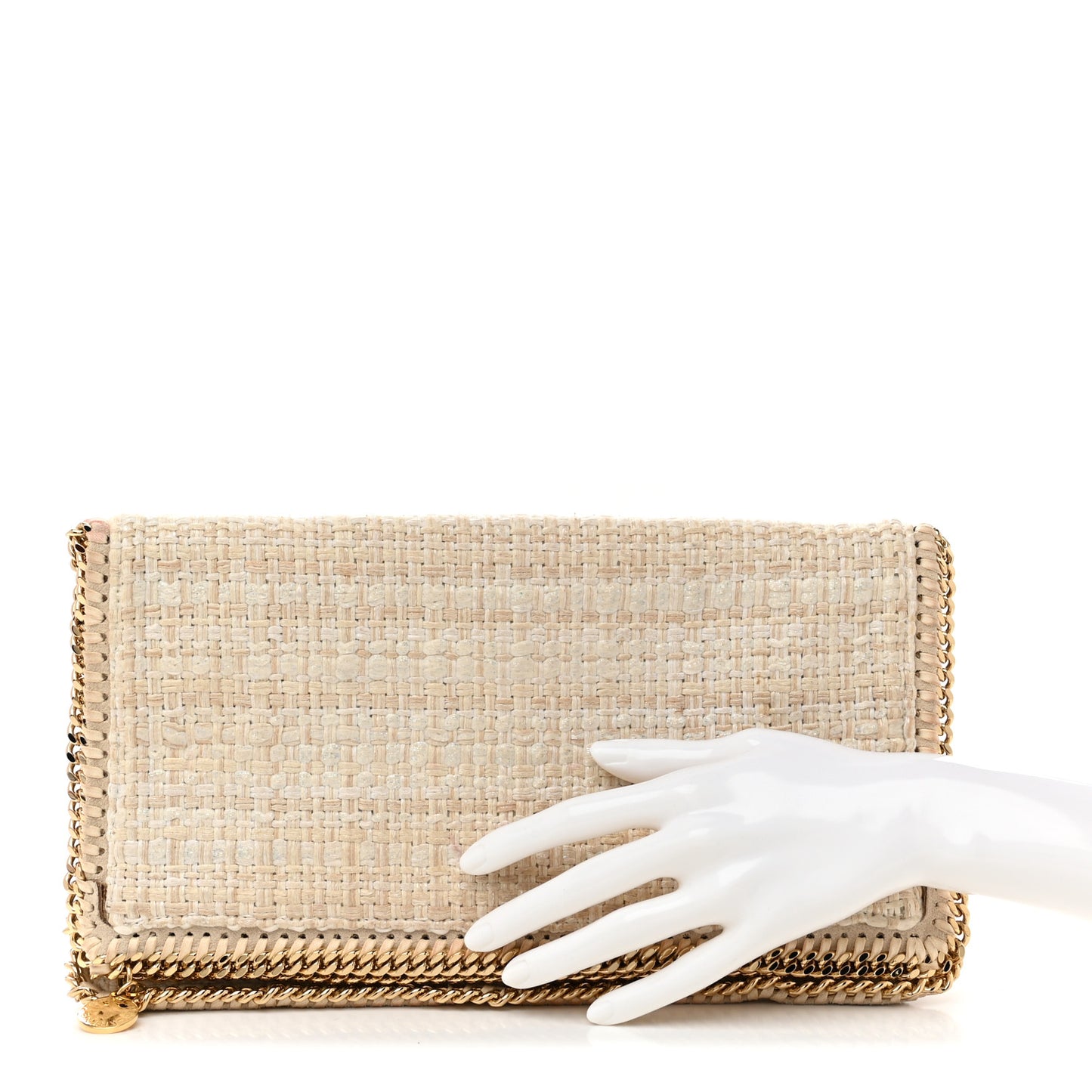 Woven Boucle Fold Over Falabella Clutch White Beige