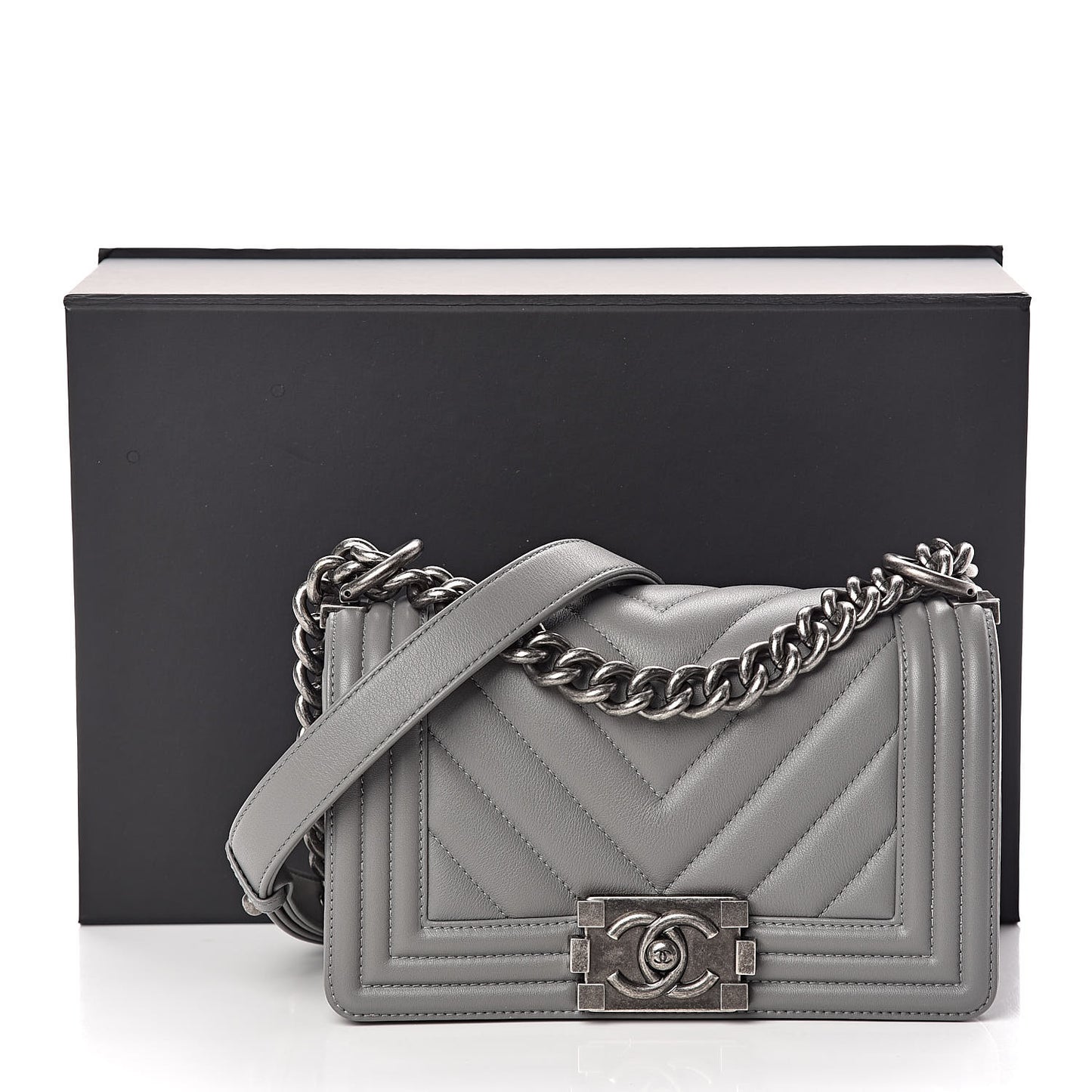 Calfskin Chevron Quilted Small Boy Flap Grey