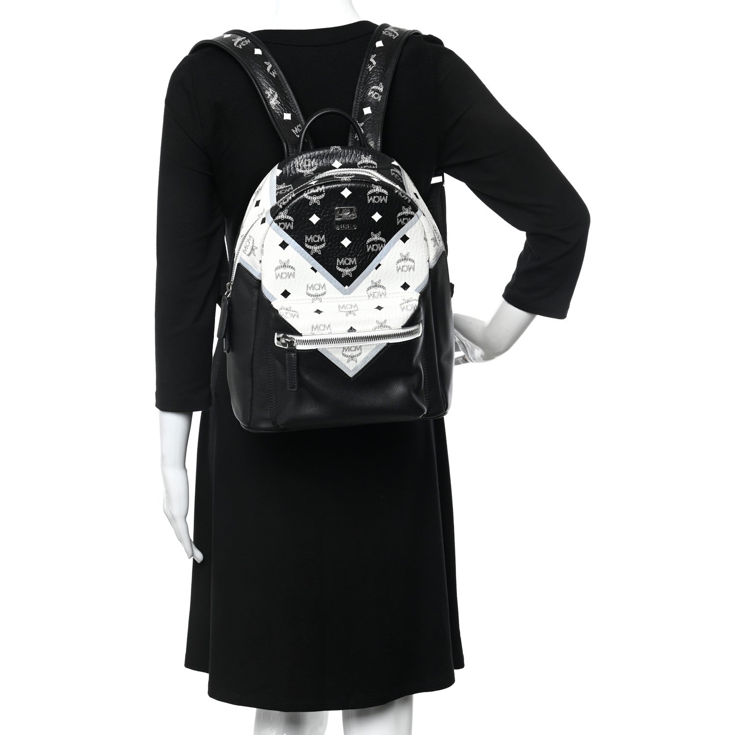 MCM Visetos Chevron Colorblock Small Stark Backpack Black White 2 of 15