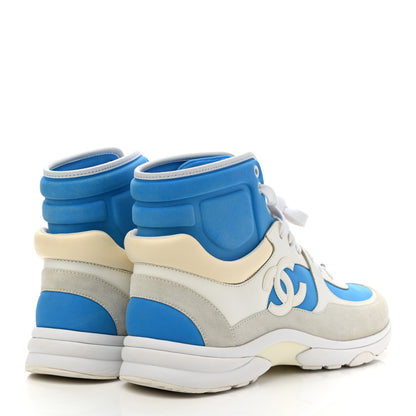 Chanel Suede Calfskin Lambskin High Top CC Sneakers 40 White Blue 4 of 9