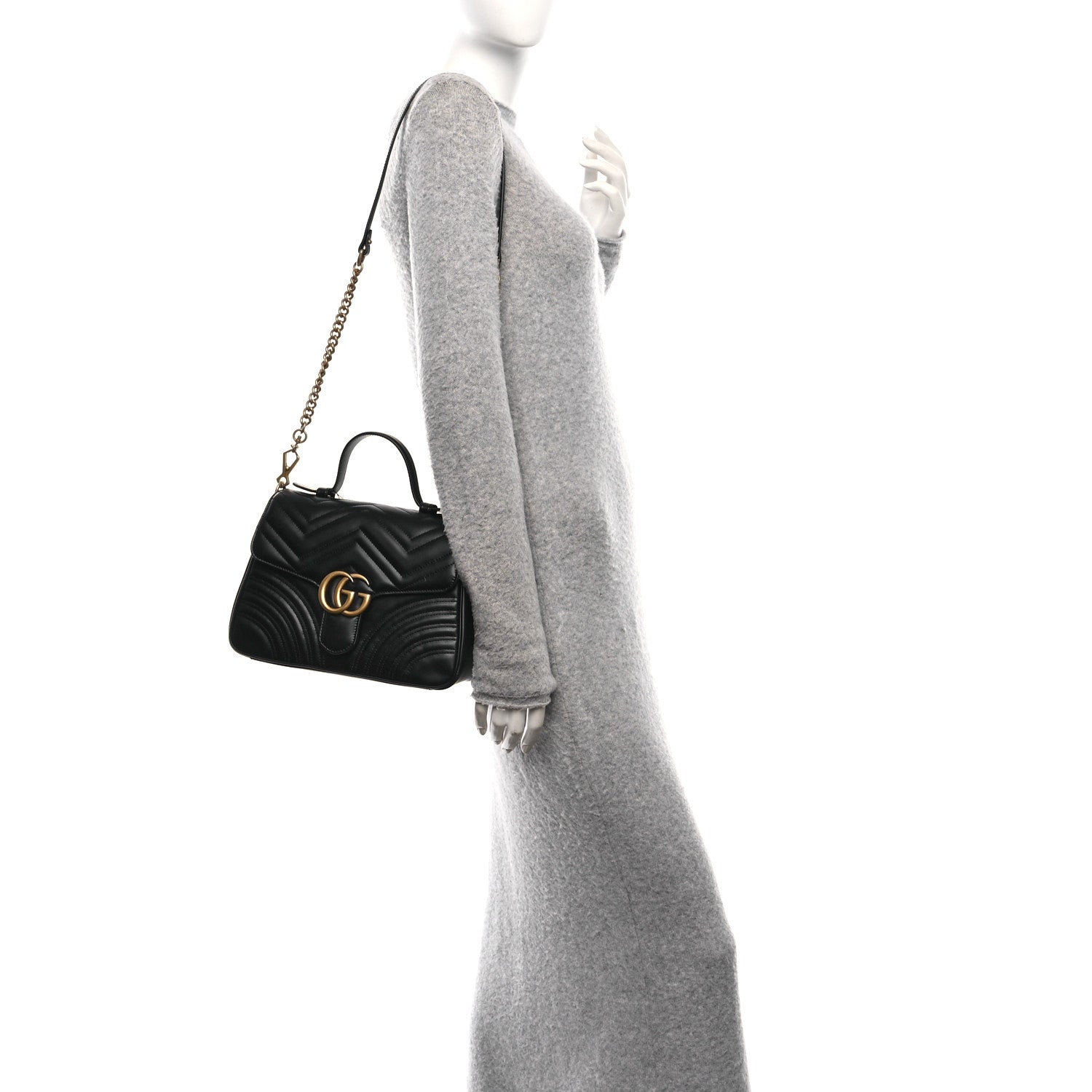 Gucci Calfskin Matelasse Small GG Marmont Top Handle Shoulder Bag Black 2 of 11