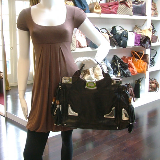 Leather Race Bamboo Tassel Tote Black