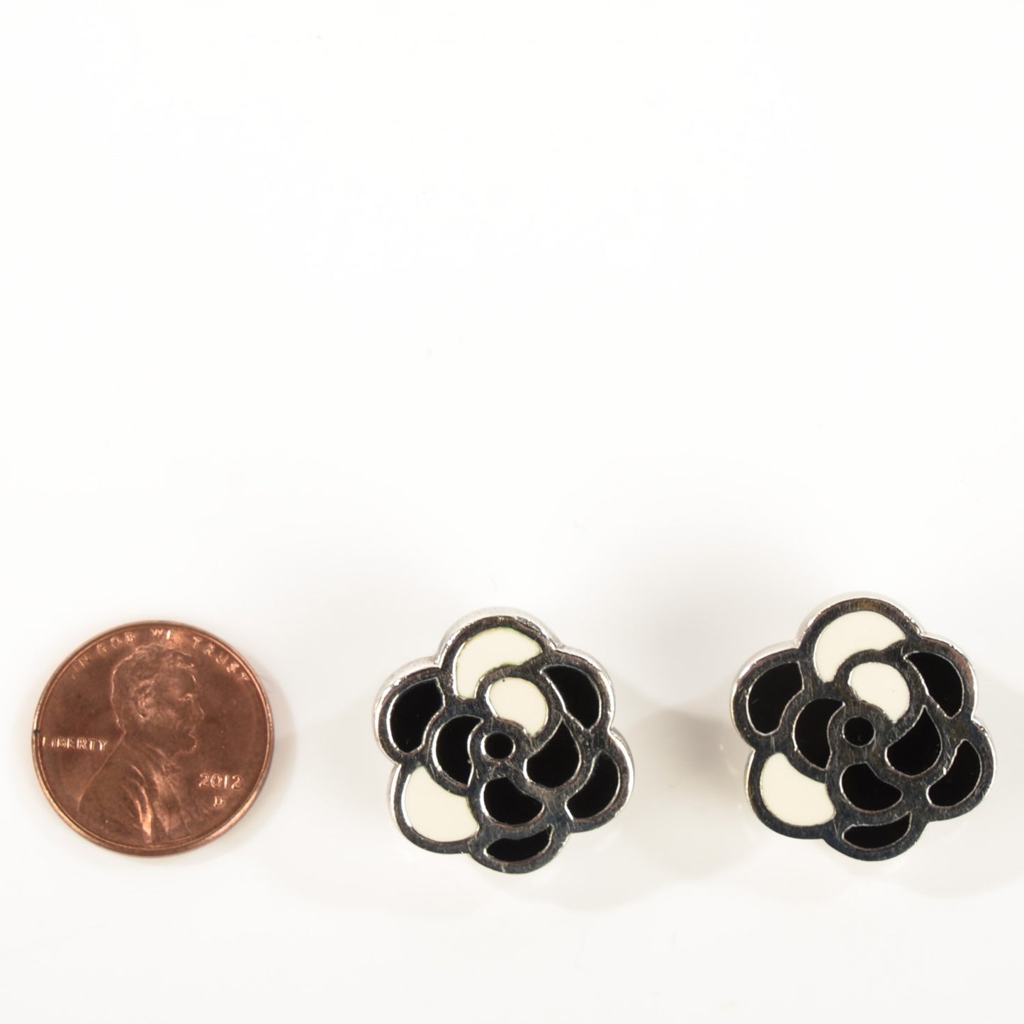 Enamel Camellia Clip On Earrings Black Beige