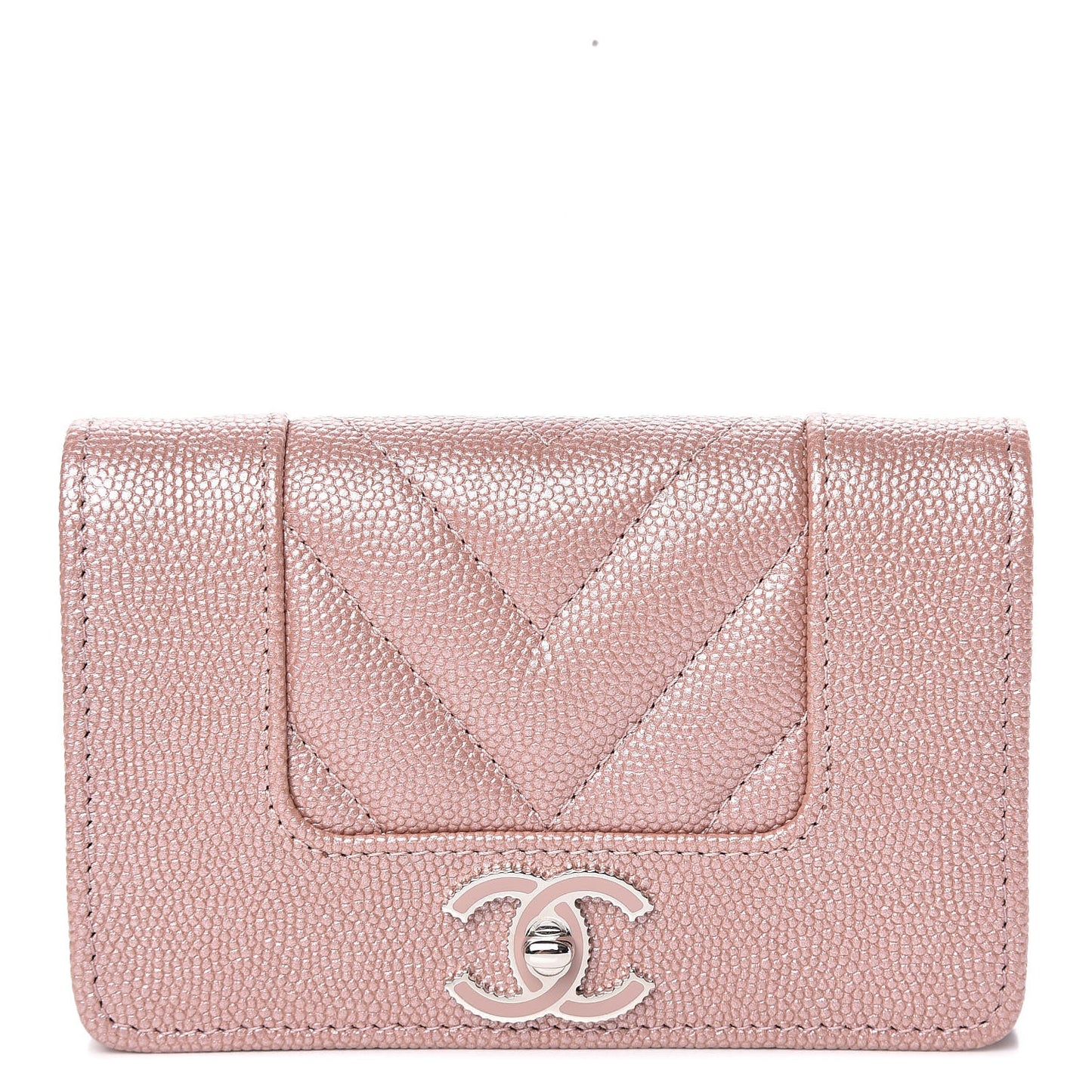 Metallic Caviar Chevron Quilted Vintage Mademoiselle Card Holder Pink