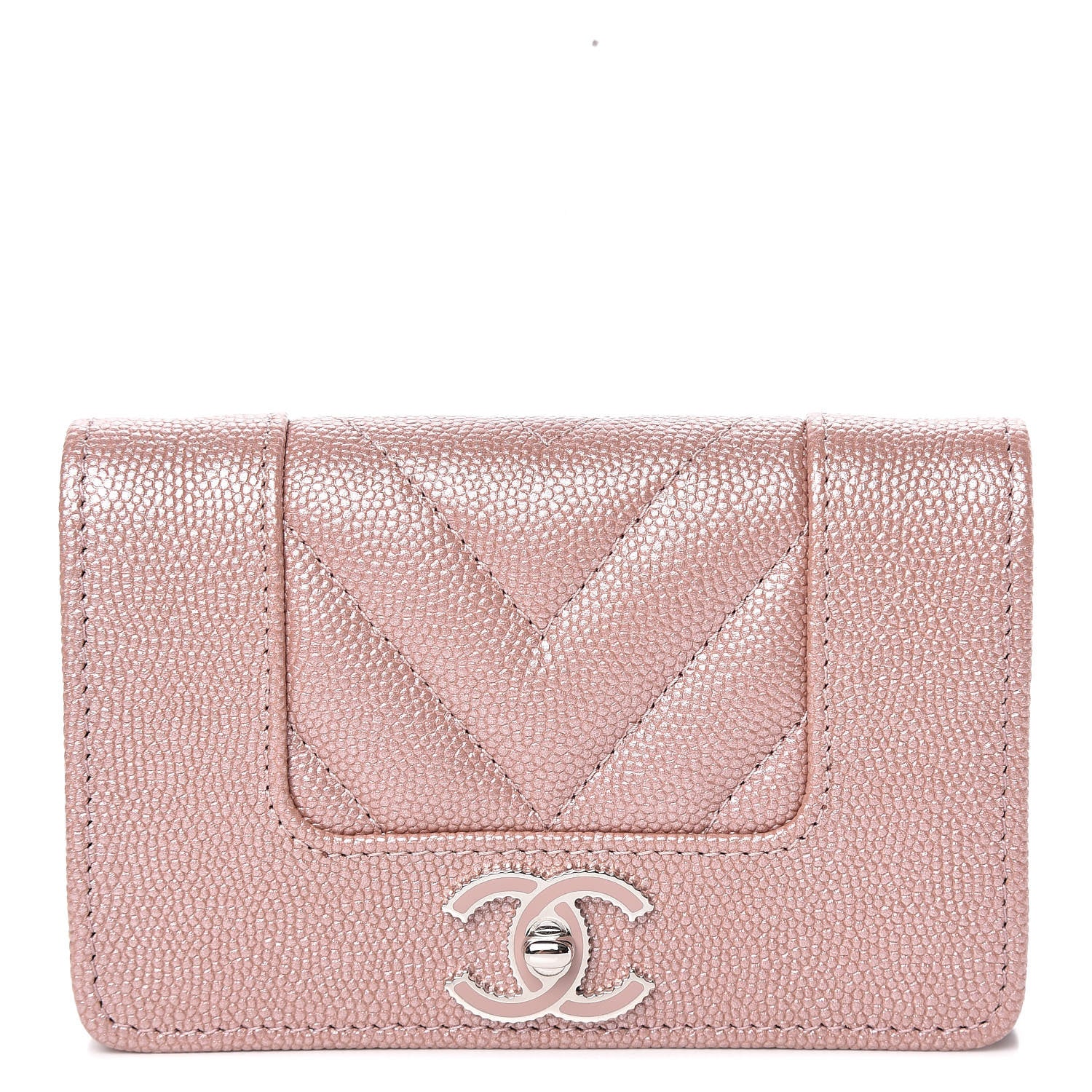 Chanel Metallic Caviar Chevron Quilted Vintage Mademoiselle Card Holder Pink 1 of 9
