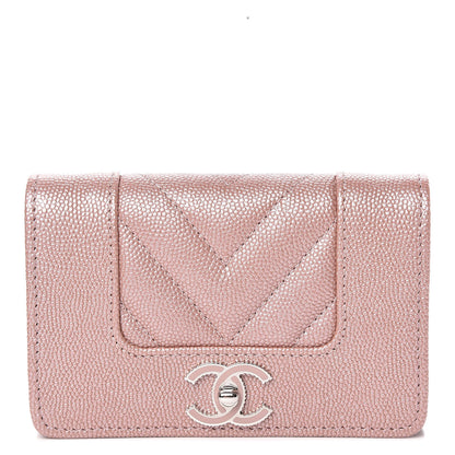 Chanel Metallic Caviar Chevron Quilted Vintage Mademoiselle Card Holder Pink 1 of 9