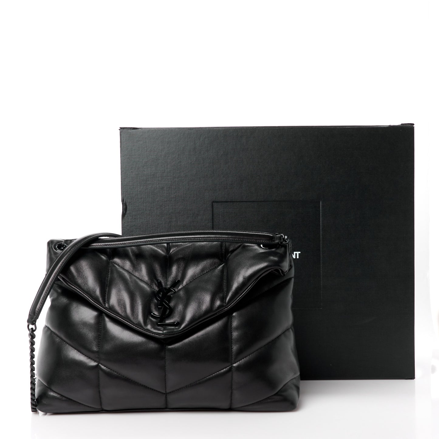 Lambskin Quilted Monogram Monochrome Medium Loulou Puffer Chain Satchel Black